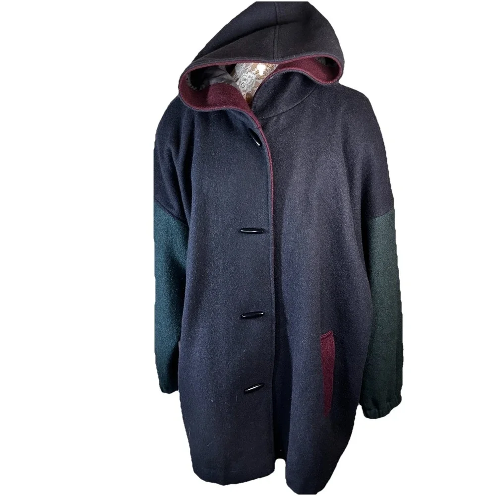 Vtg 90's Wool Coat W/ Hood  Color Block  New York Girl  Sz 24 1/2‎ Womens Cozy
